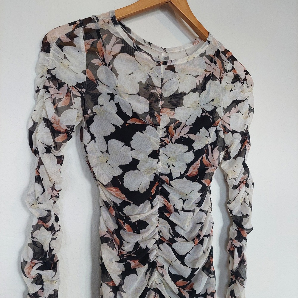 Abercrombie & Fitch Floral Mesh Ruched Mini Dress Long Sleeve Size XS - Picture 2 of 7